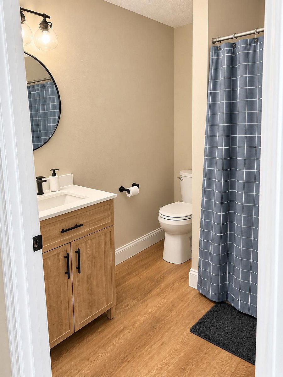 Clean bath with a wood vanity, solid-surface sink, round mirror, and tub/shower combo with curtain for easy upkeep.