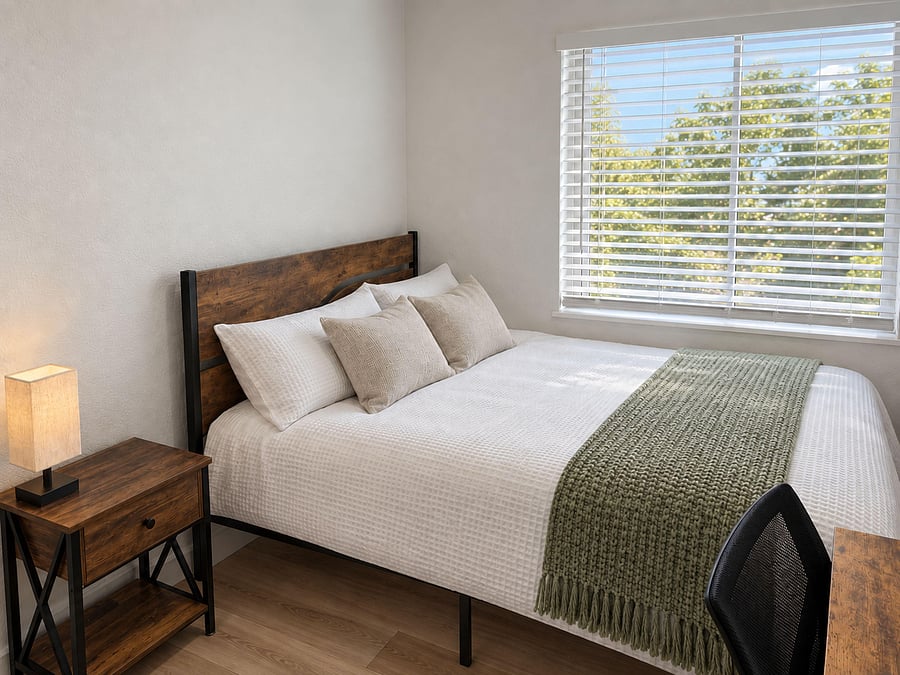 Well-appointed bedroom with a comfortable bed, nightstand lighting, and a large window with blinds for natural light.