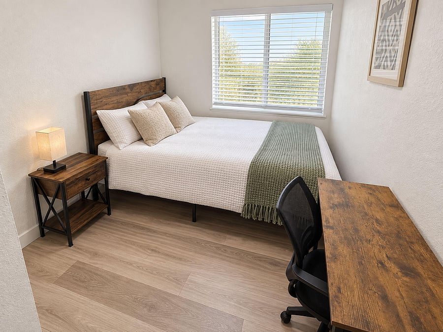 Furnished bedroom with a full bed, nightstand, and dedicated desk workspace, plus a large window with blinds.