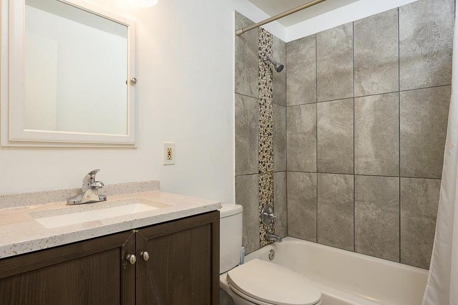 Shared medicine cabinet, adequate vanity space, large shower, toilet, and outlets!