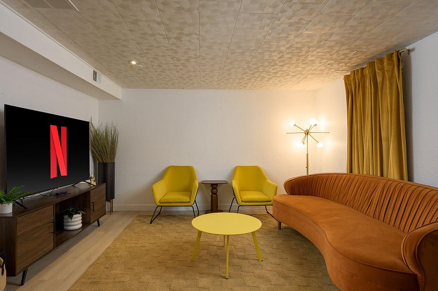 Downstairs basement living room/lounge area. Cozy and warm, perfect for watching TV!
