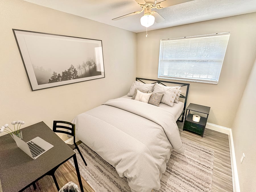 this photo is staged to show what your room might look like with your belongings