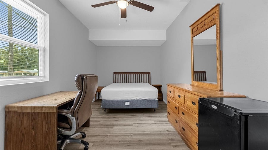 Queen bed, night stand dresser, mini fridge, desk and chair