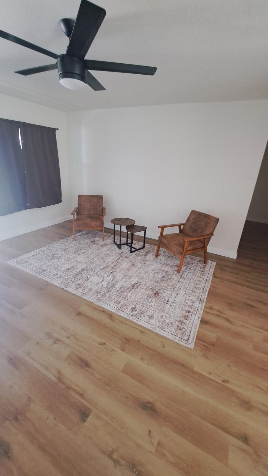 Open living area with wood-look flooring, ceiling fan, and a comfortable seating nook anchored by an area rug.