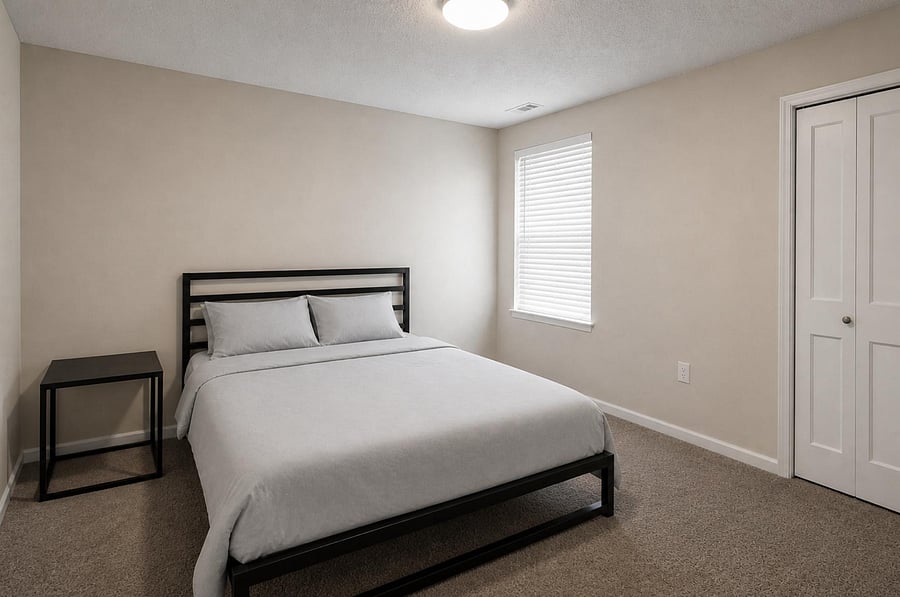 Well-sized bedroom with a furnished bed, bedside table, and a window with blinds plus a roomy closet for storage.