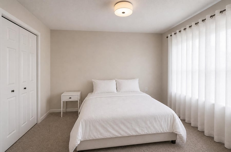Comfortable bedroom with a roomy closet, soft carpet, and a large window dressed with curtains for natural light.