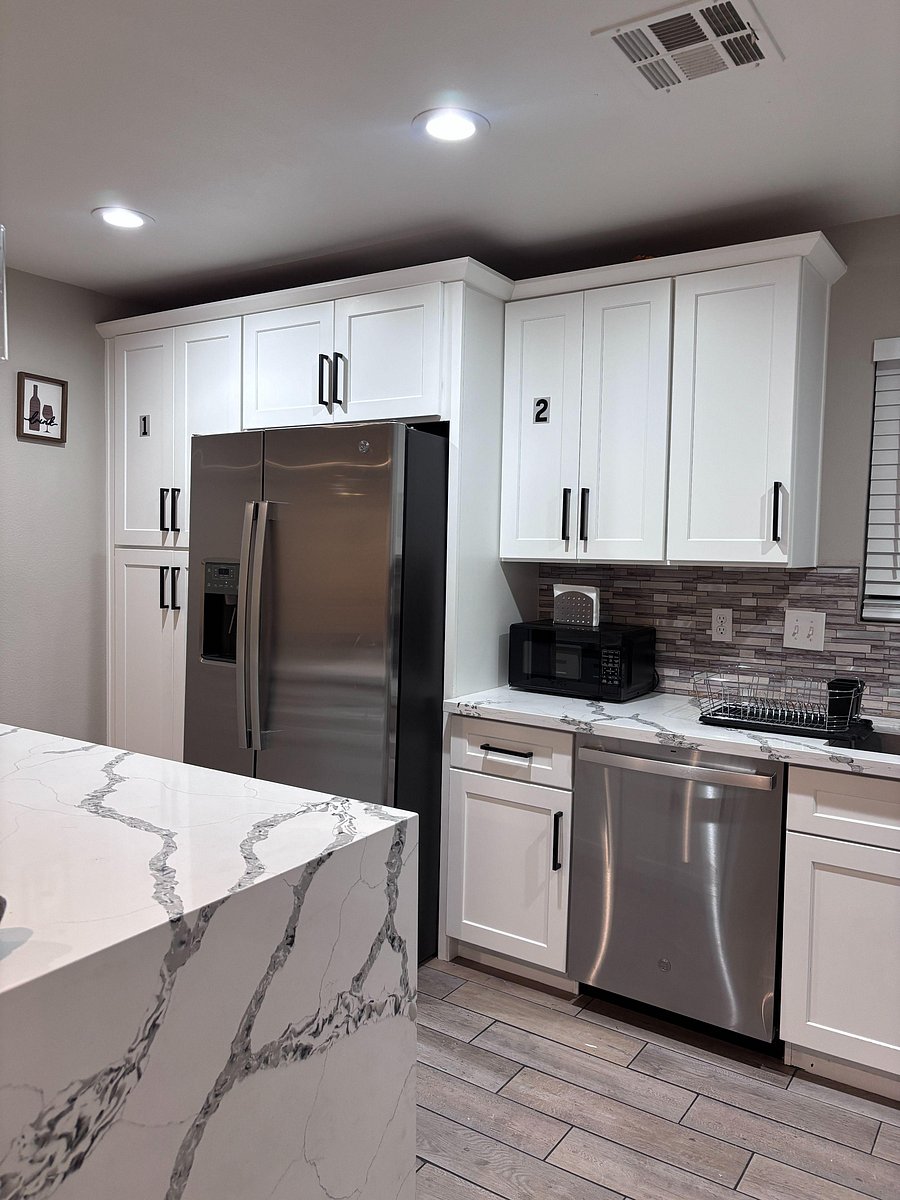 Microwave, and refrigerator is shown