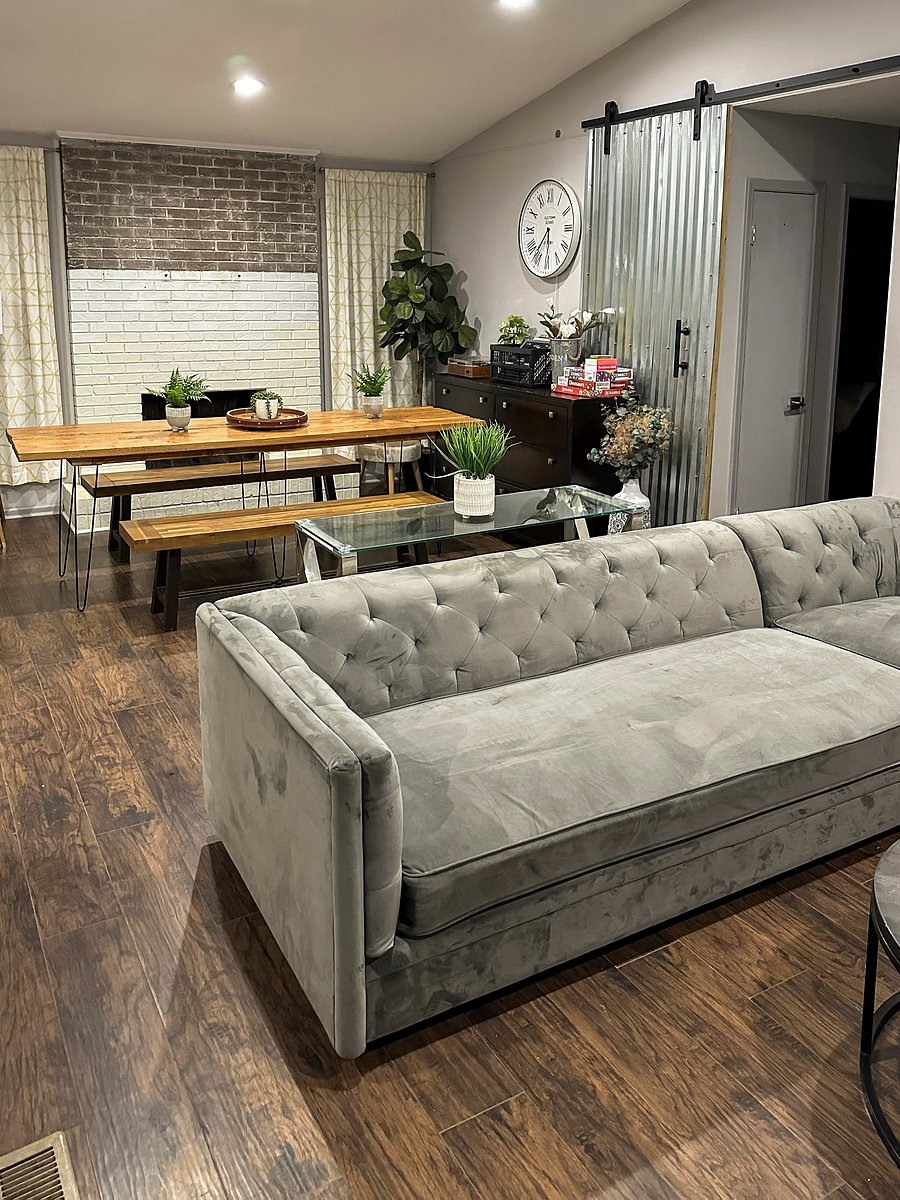Living room with view of dining table