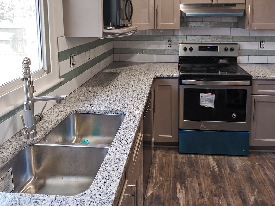 Kitchen view with double sink.