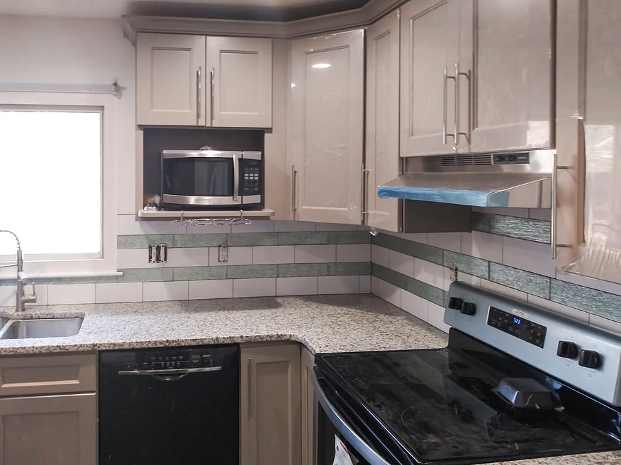 view of the stove, microwave, and dishwasher.
