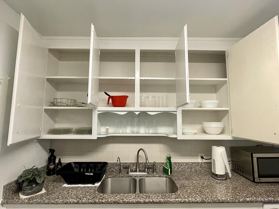 lots of storage , microwave + double sink