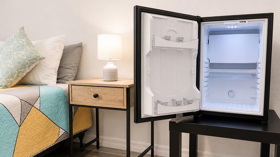 Furnished sleeping area with bedside table and lamp, plus an in-room mini fridge for convenient snacks and drinks.