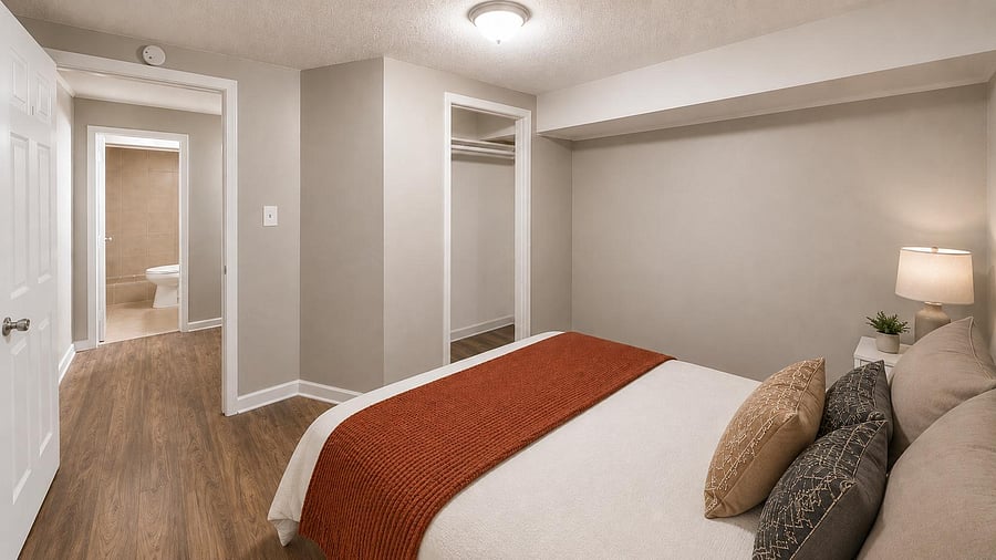 Spacious bedroom with wood-style flooring, an open closet, and convenient access to the adjacent full bath.