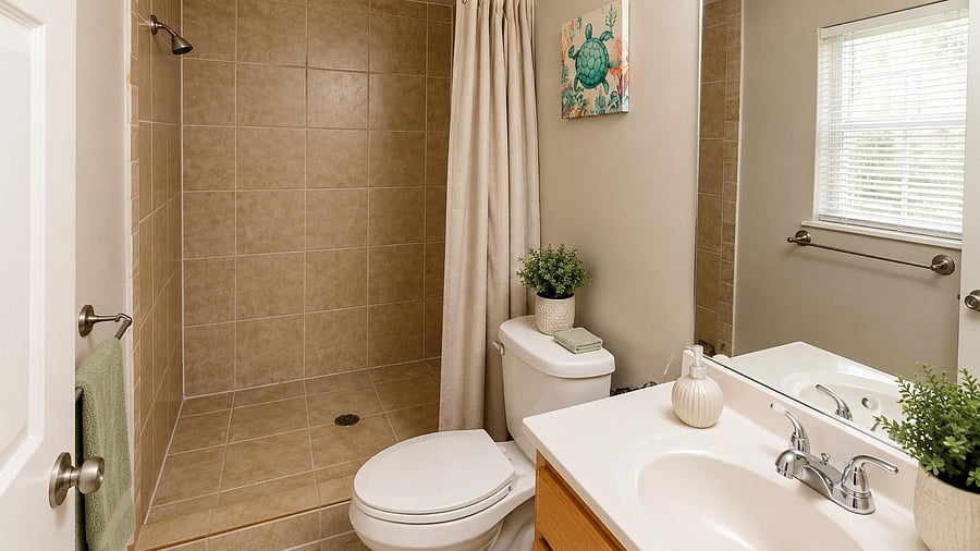 Full bathroom with a tiled walk-in shower, vanity with mirror, and a window with blinds for ventilation and natural light.
