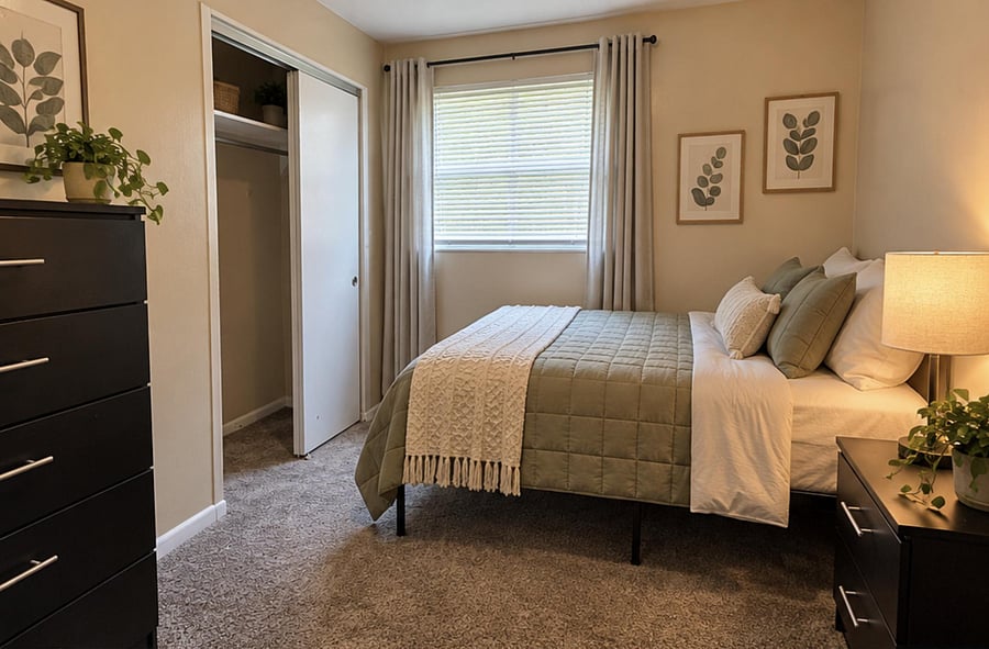 Furnished bedroom with a full-size bed, nightstand lighting, dresser storage, and a closet plus window treatments.