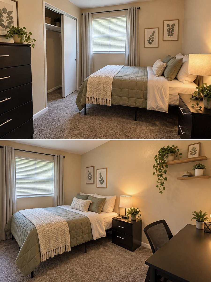 Furnished bedroom with a closet, dresser, and dedicated desk area, plus a window with blinds and curtains.
