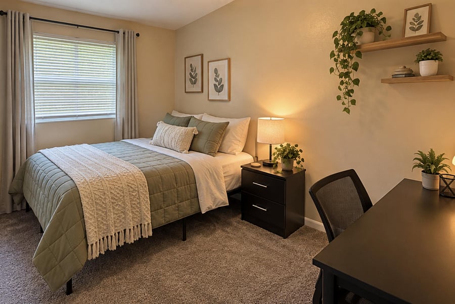 Well-appointed bedroom with a full bed, nightstand lighting, window with blinds, and a dedicated desk/work area.