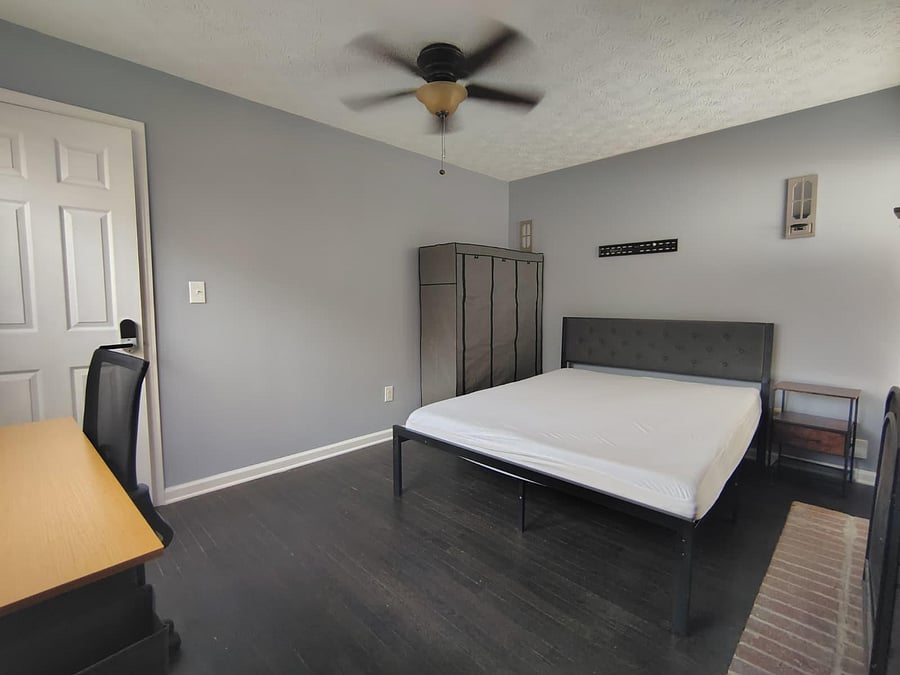 The newest room in the house with a work space and TV