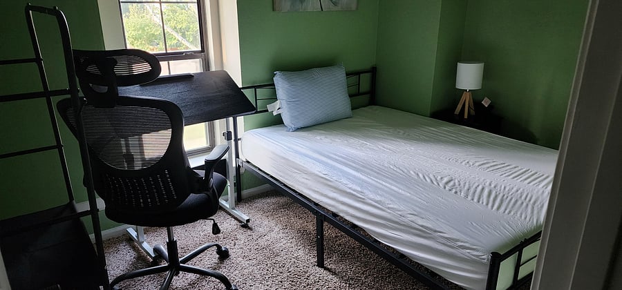 Full size Memory Foram mattress, antibacterial pillow with Side table (with outlets inbuilt) and lamp.