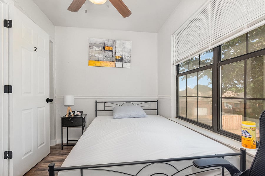 Full size Memory Foram mattress, antibacterial pillow with Side table (with outlets inbuilt) and lamp.