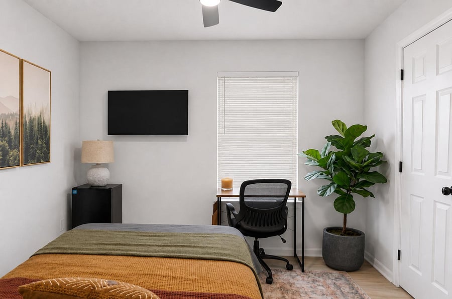 Furnished bedroom featuring a work desk, wall-mounted TV, ceiling fan, and window with blinds plus closet storage.