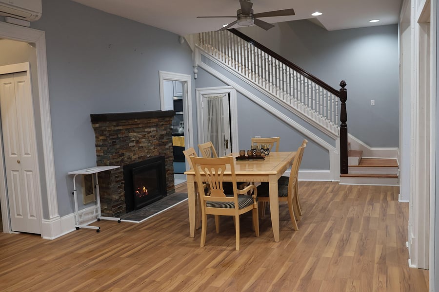 Fireplace and dining table