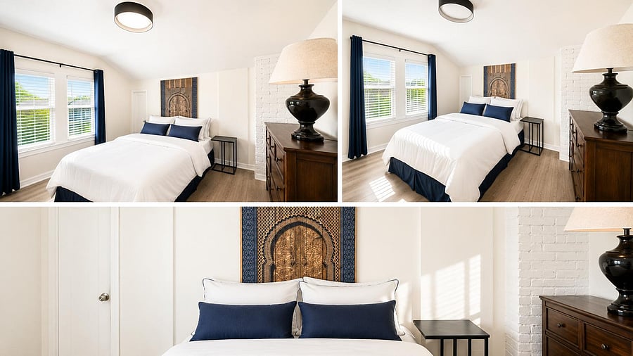 Sunlit cozy bedroom with full bed, 2 windows with blinds & drapes, a dresser plus bedside table for storage. Small desk