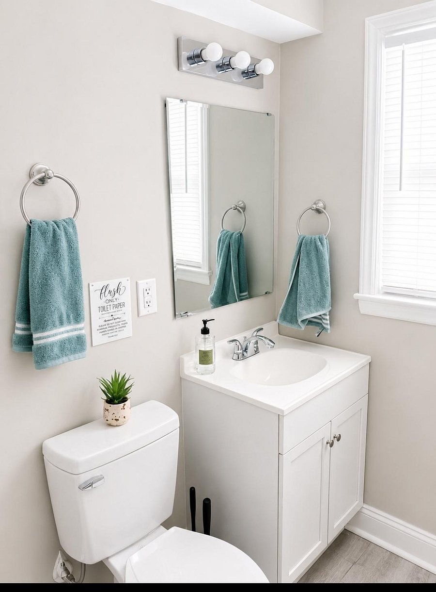 Clean bathroom with a single-sink vanity, mirrored cabinet, and window with blinds for everyday comfort and convenience.
