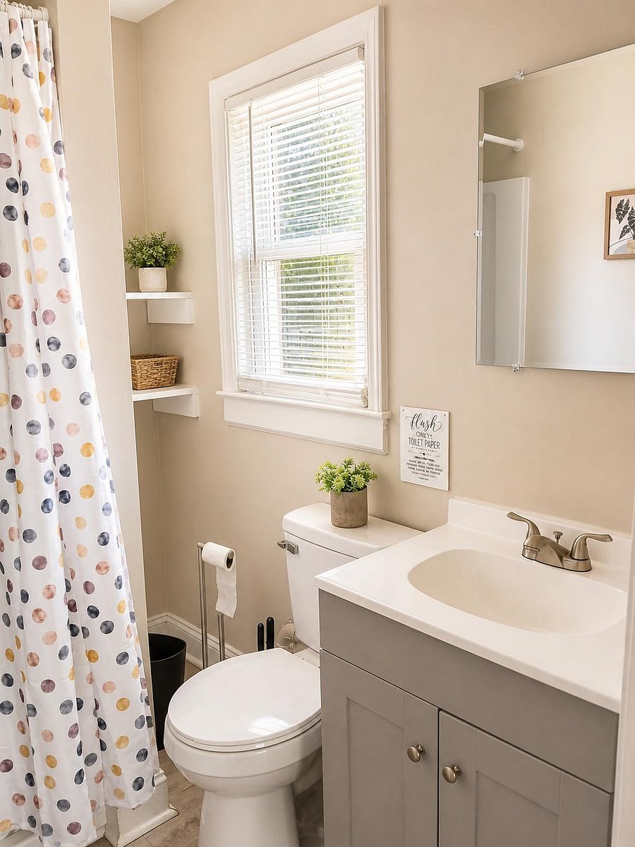 Full bathroom with tub/shower, single-sink vanity, and window for ventilation plus built-in shelving for toiletries.