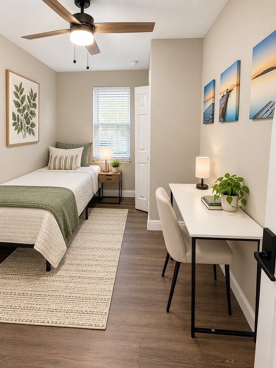 Furnished twin room with a nightstand, dedicated desk workspace, window blinds, and ceiling fan.