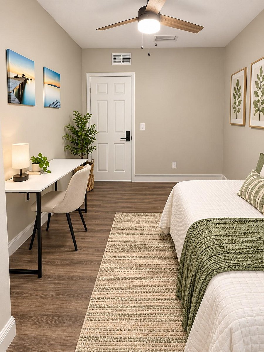Furnished bedroom with a twin bed, nightstand, and dedicated desk workspace, plus a window with blinds and ceiling fan.