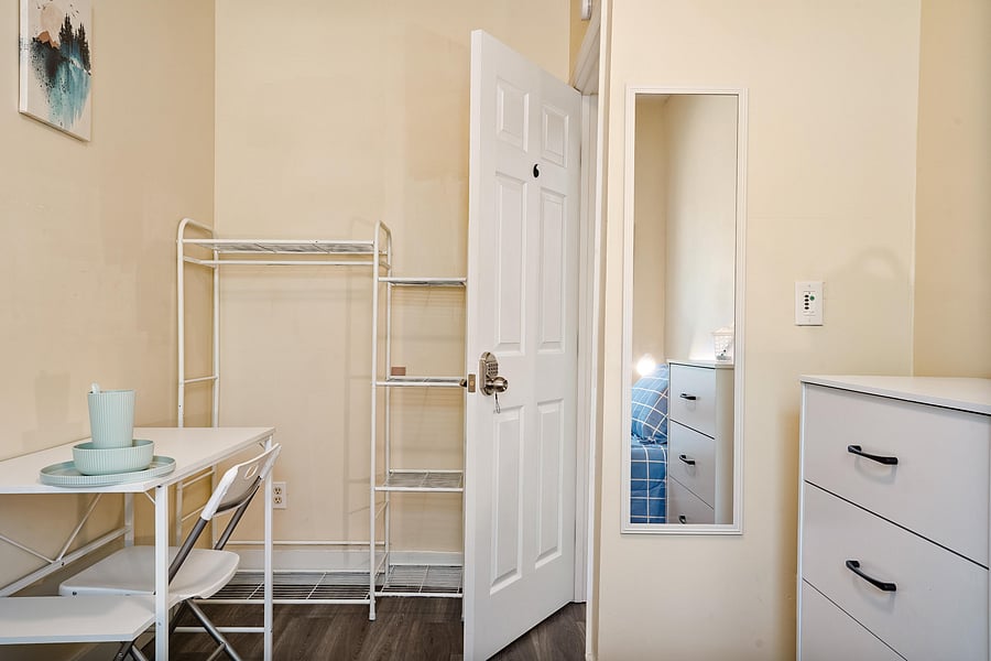 Room 6 comes with full bed, linens, TV, mini fridge, desk, chair, nightstand, clothing rack, dresser