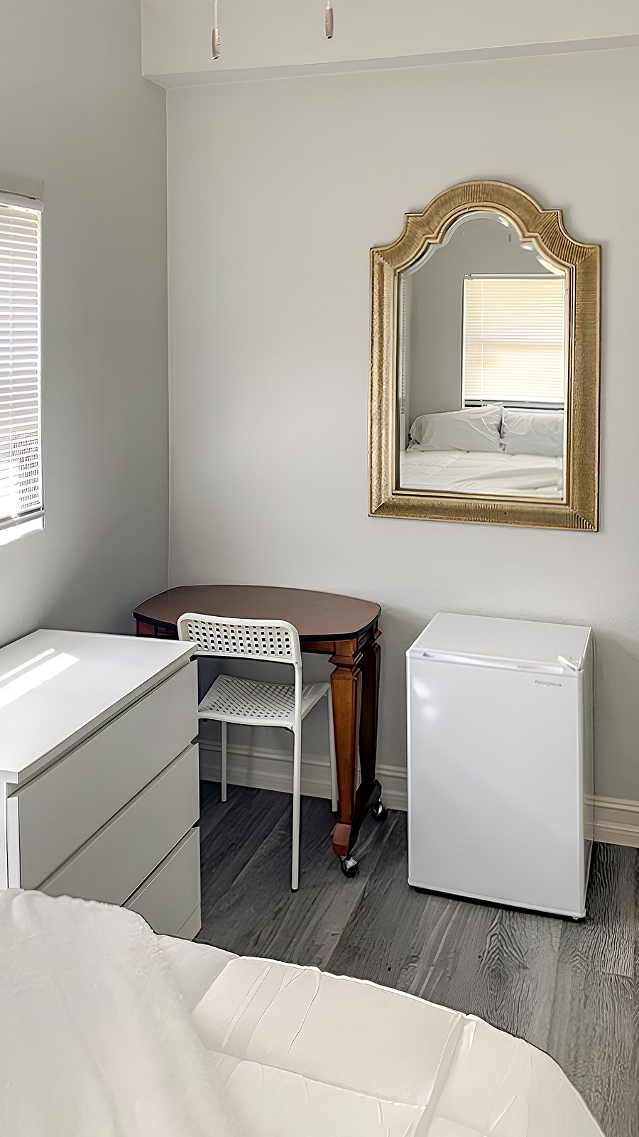 Dresser, roillable desk with chair and mini fridge