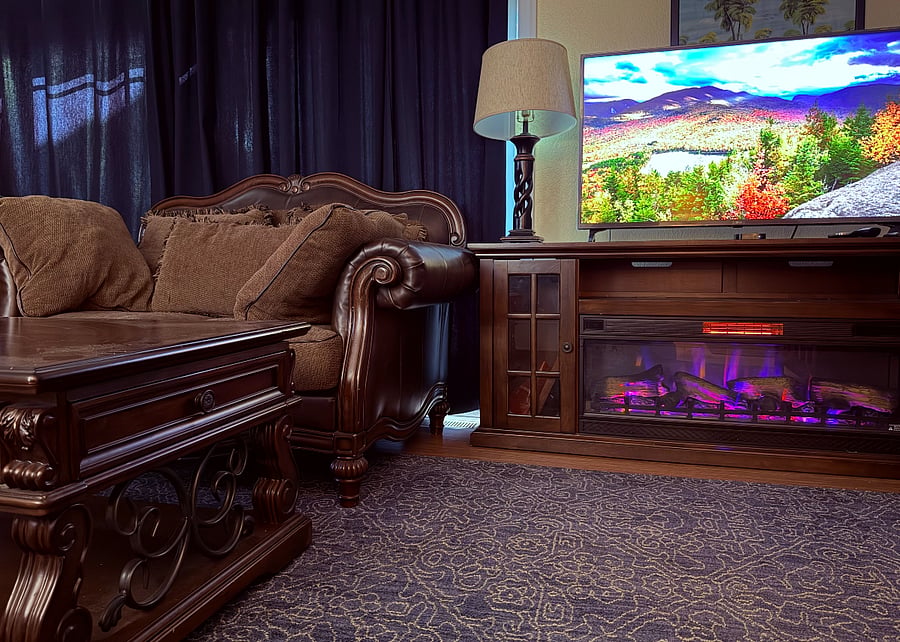 Cozy fireplace adds ambiance and personal temperature adjustment.