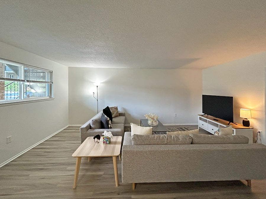Living room with West Elm couch and brand new 55" Roku Smart TV.