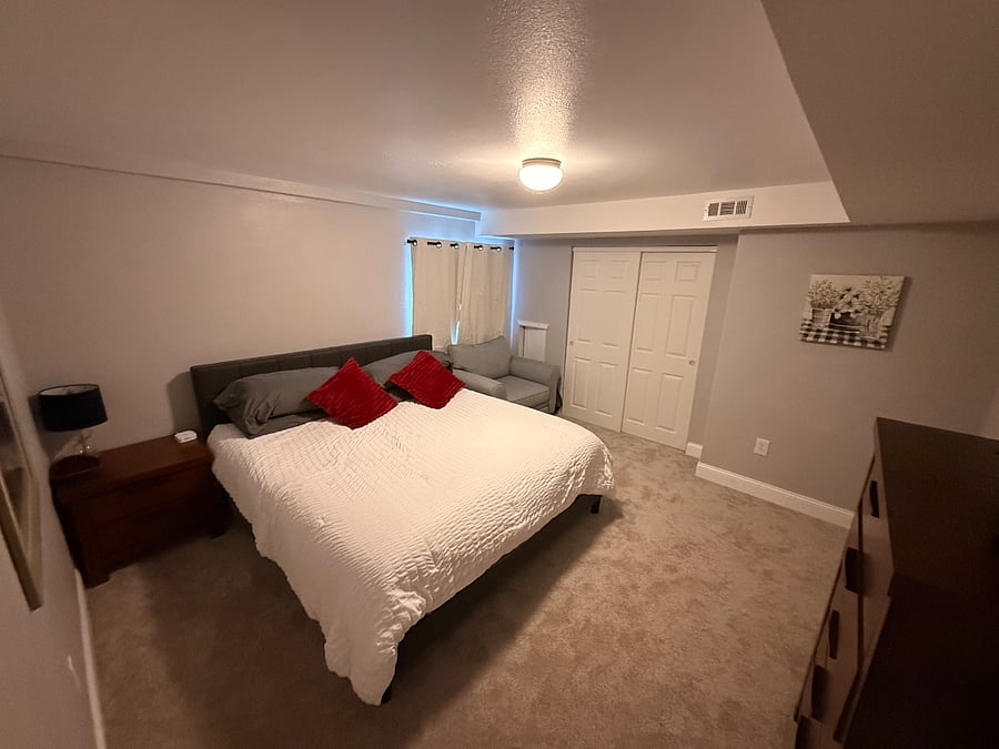 Basement King Bedroom from door. 