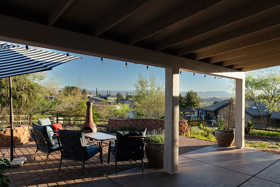 Back yard patio  with seating , chiminea, BBQ,  patio lighting