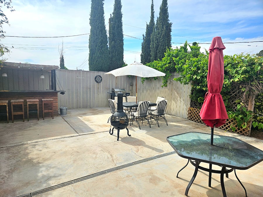 Back deck with bar and refrigerator behind bar surrounded by grape vines.