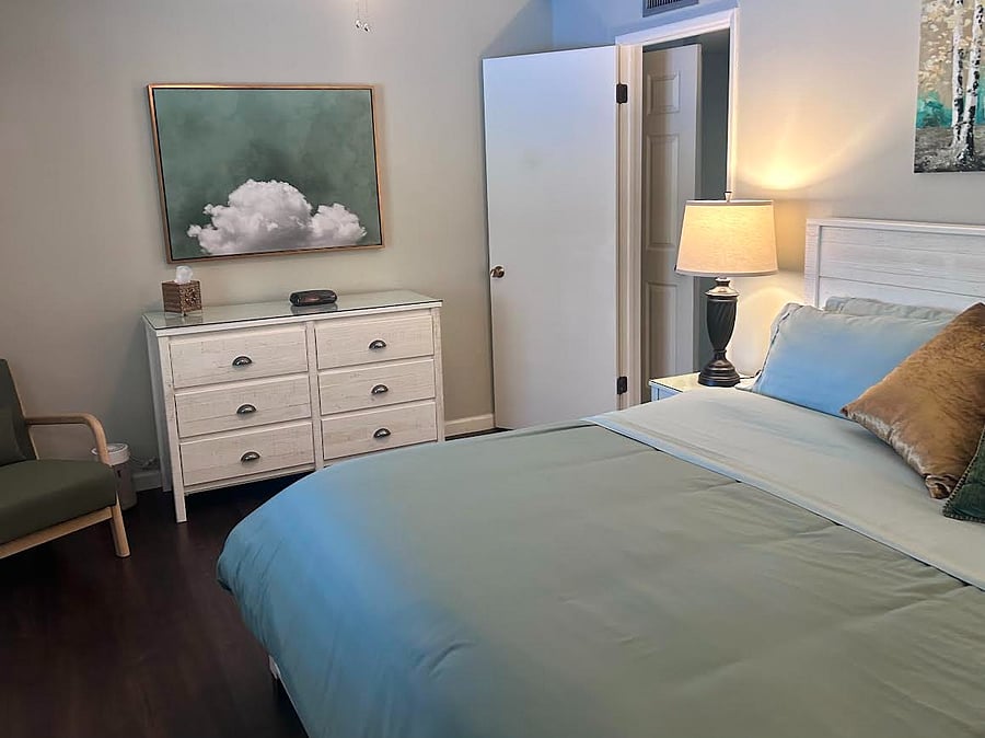 Well-appointed bedroom with TV, ample storage, and a comfortable layout for extended stays