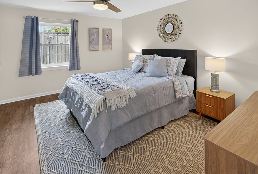 Primary bedroom with queen-size bed.  All new furniture and bedding.