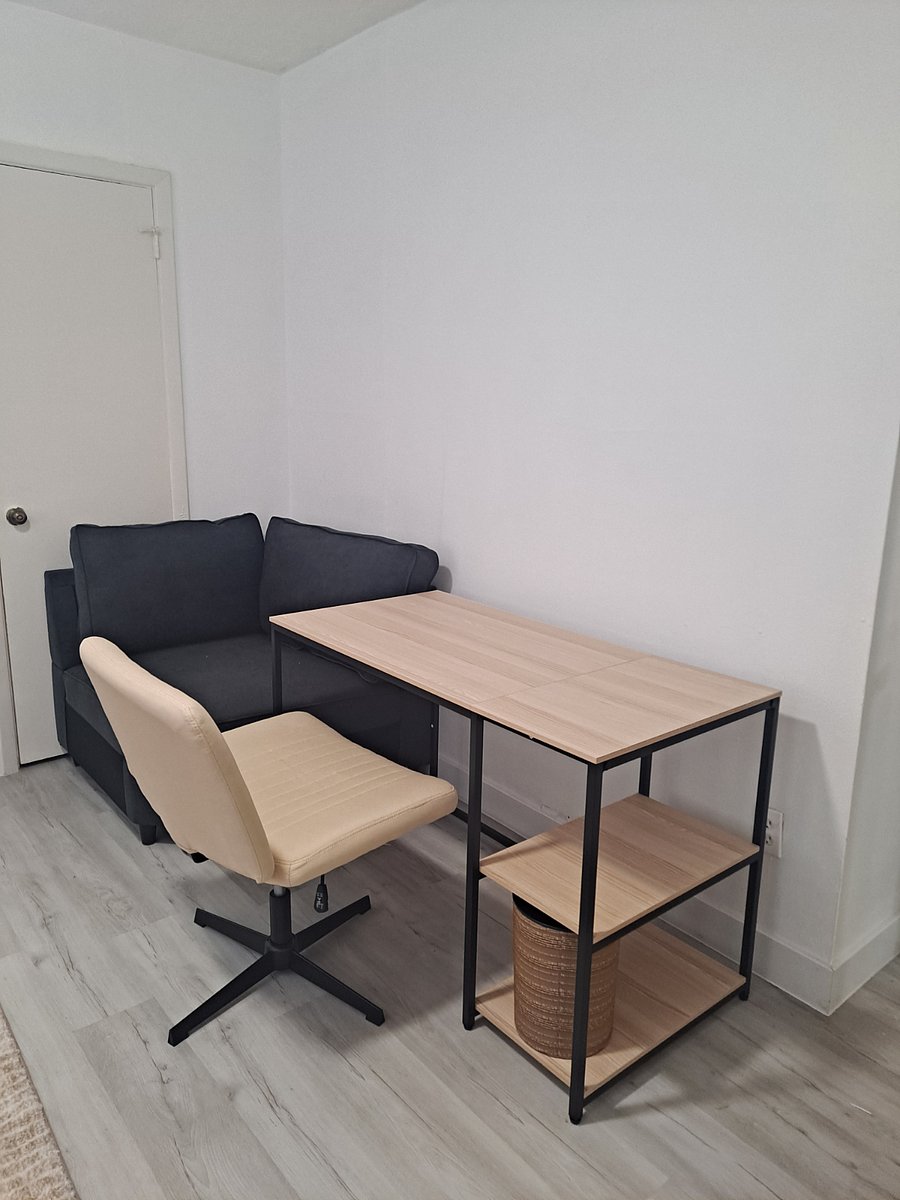 Open concept dedicated desk, chair, and chaise