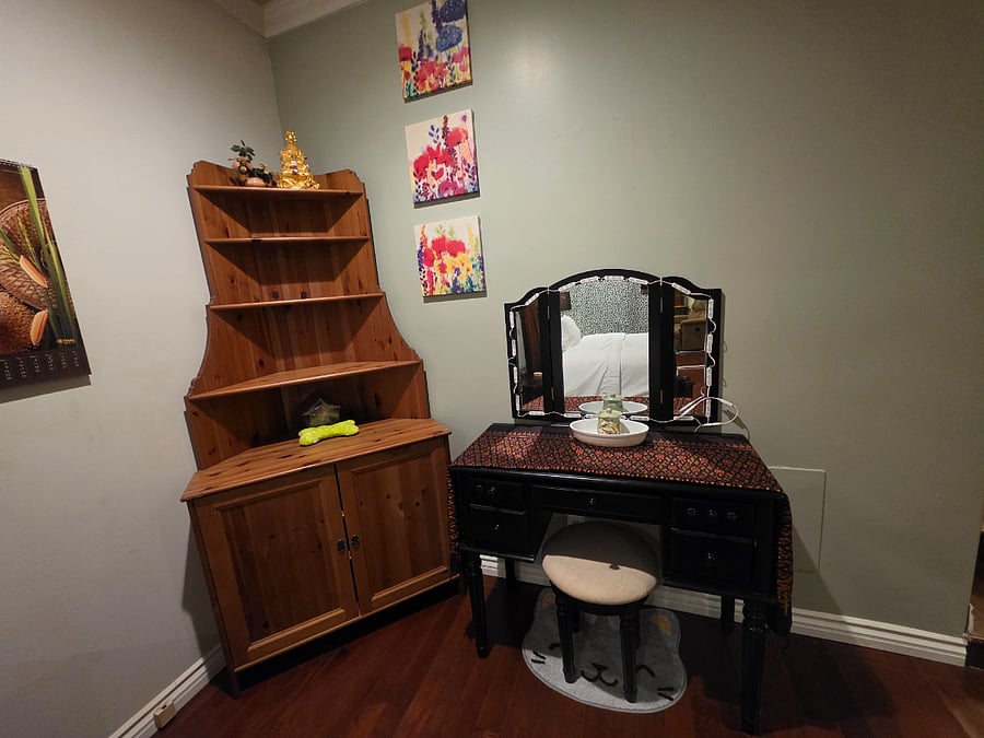 Cozy vanity and workspace corner.