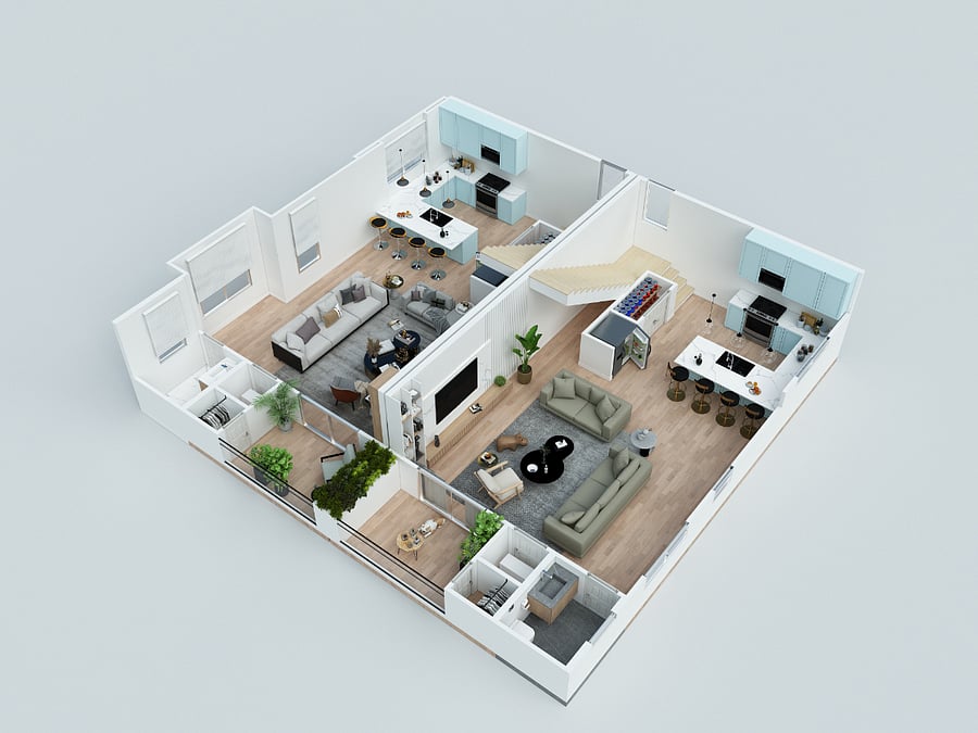 2nd floor rendering of kitchen and den.