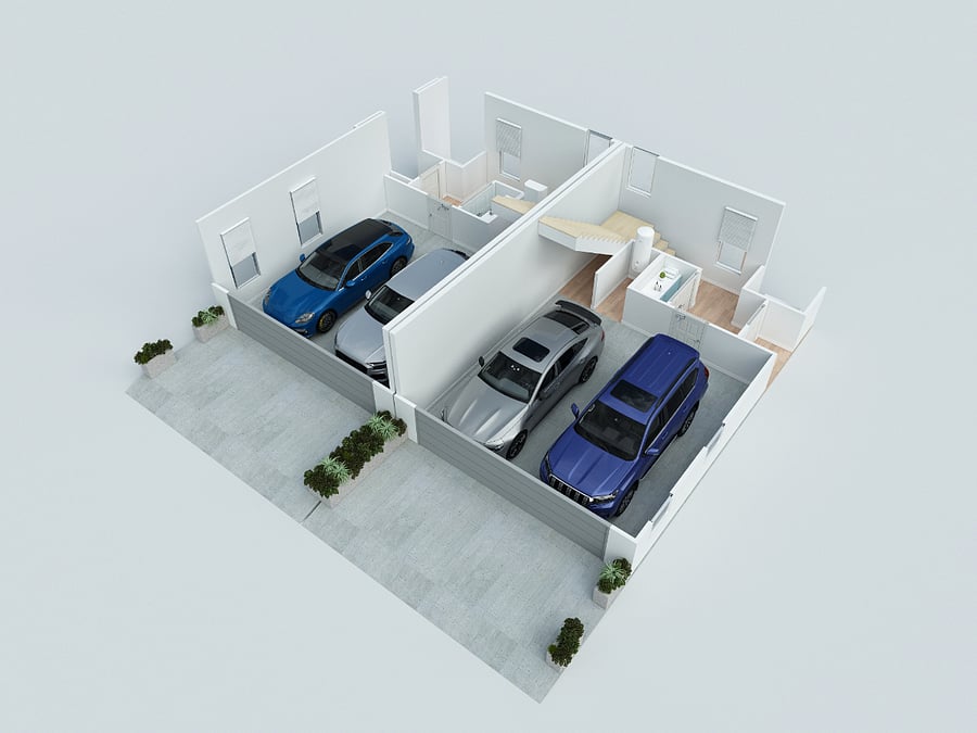 1st floor rendering of garage, entry and laudry.