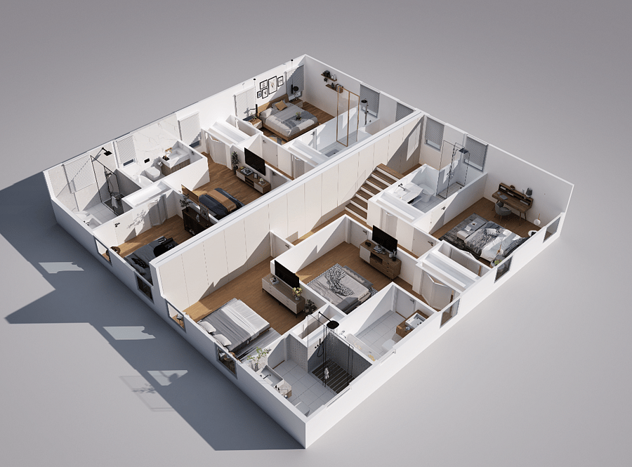 3rd floor rendering with all 3 bedrooms.