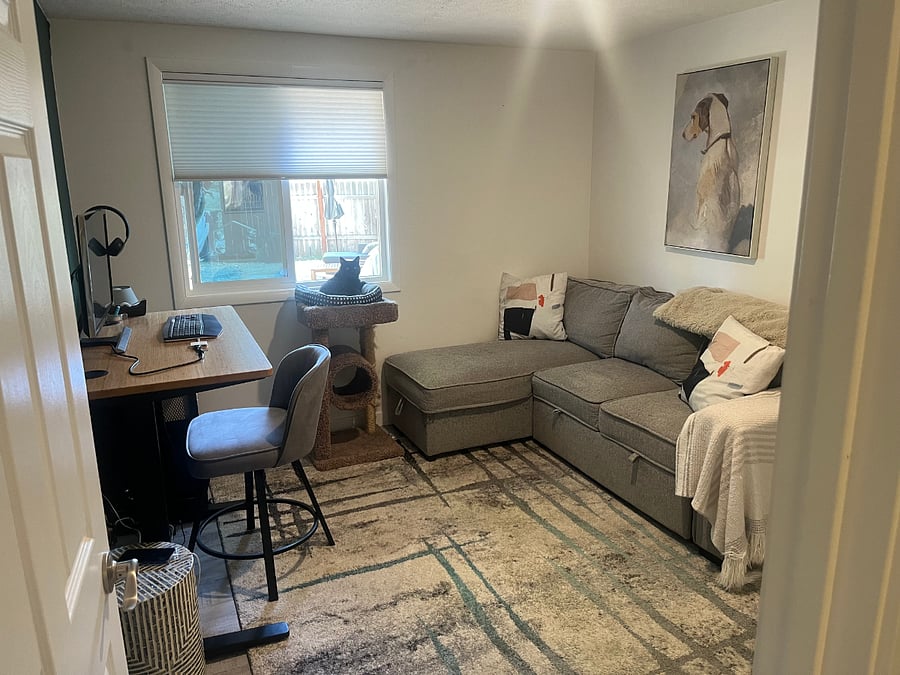 Office with couch that pulls into a single bed, mattress topper and sheets included. Closet also in room. Cat not included!