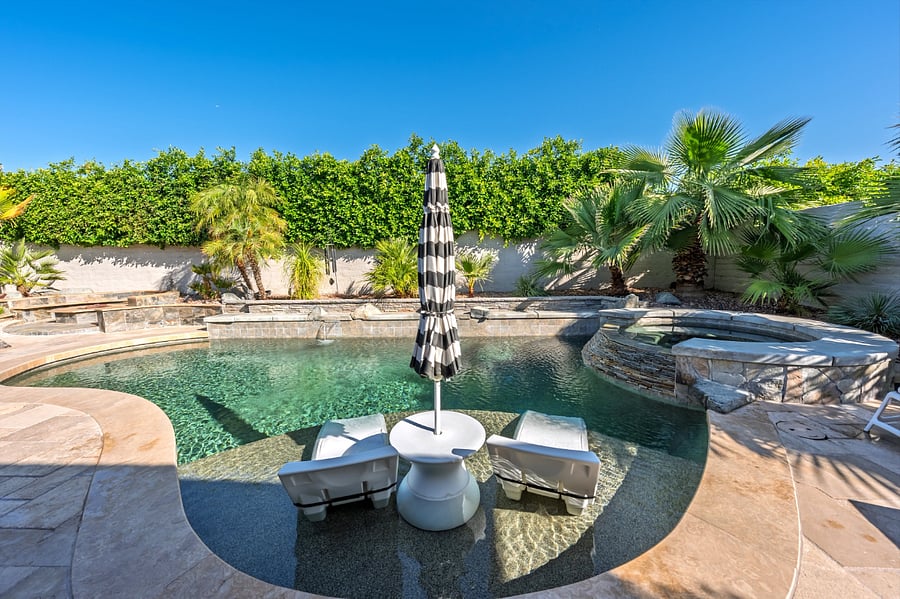 Saline Pool & Raised Spa with waterfall feature.