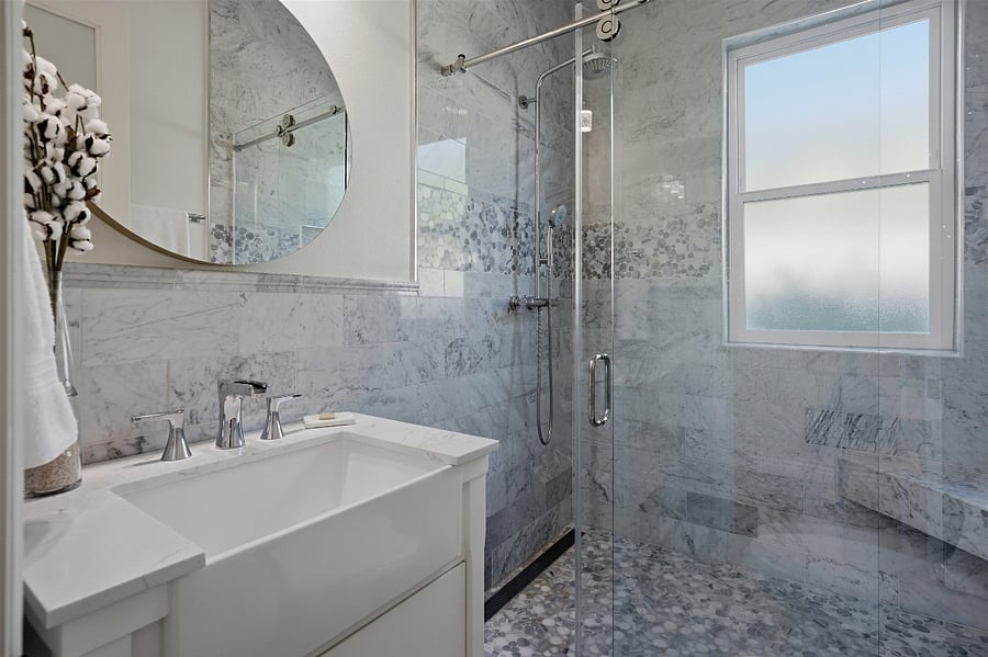 Guest Bathroom with granite walls.