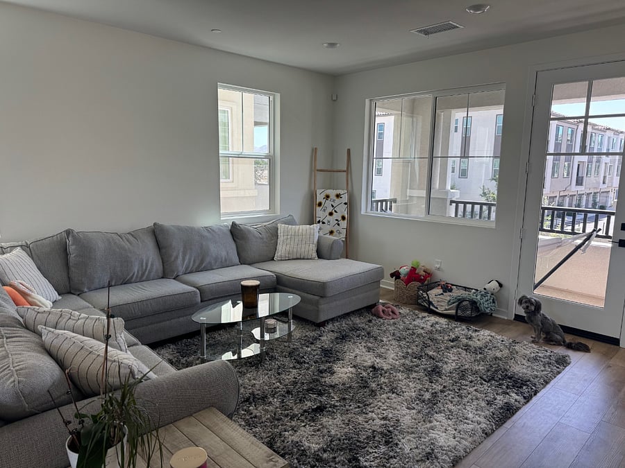Living room with 75" TV and balcony with hammock on 2nd floor.