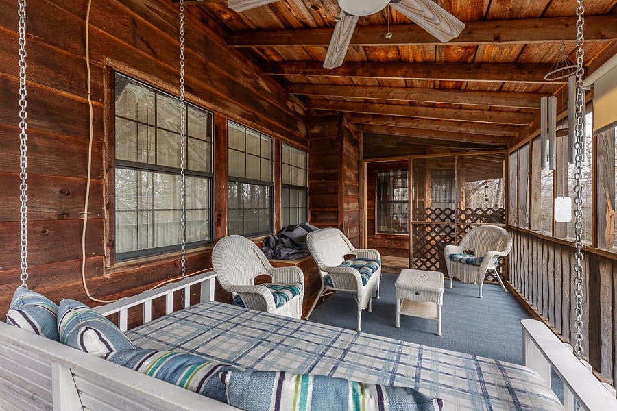 Personal favorite is the twin sized hanging bed in screen porch with patio chairs and coffee table. 